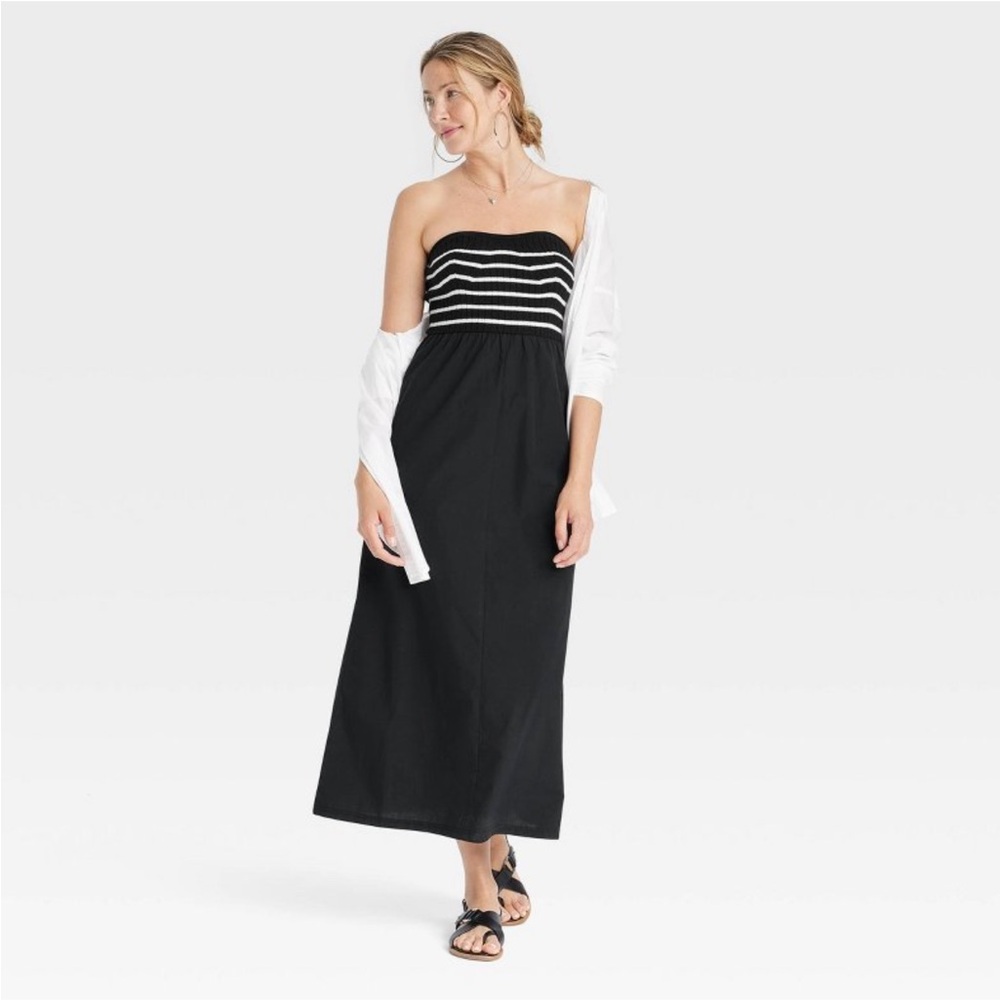 Strapless Striped Black and White Strapless Midi Dress